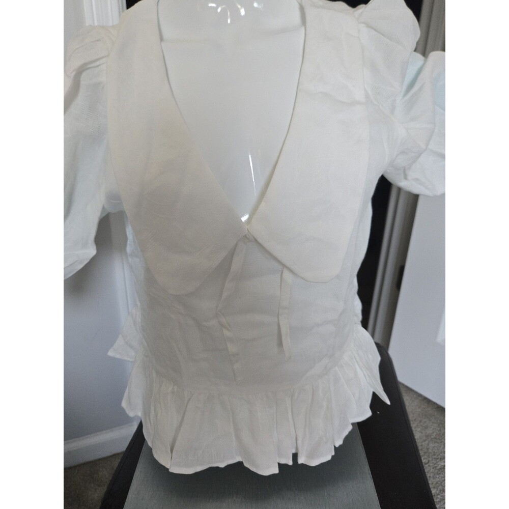 Umgee Women's White V-Neck 3/4 Puff Sleeve Woven Ruffle Tie Blouse med
